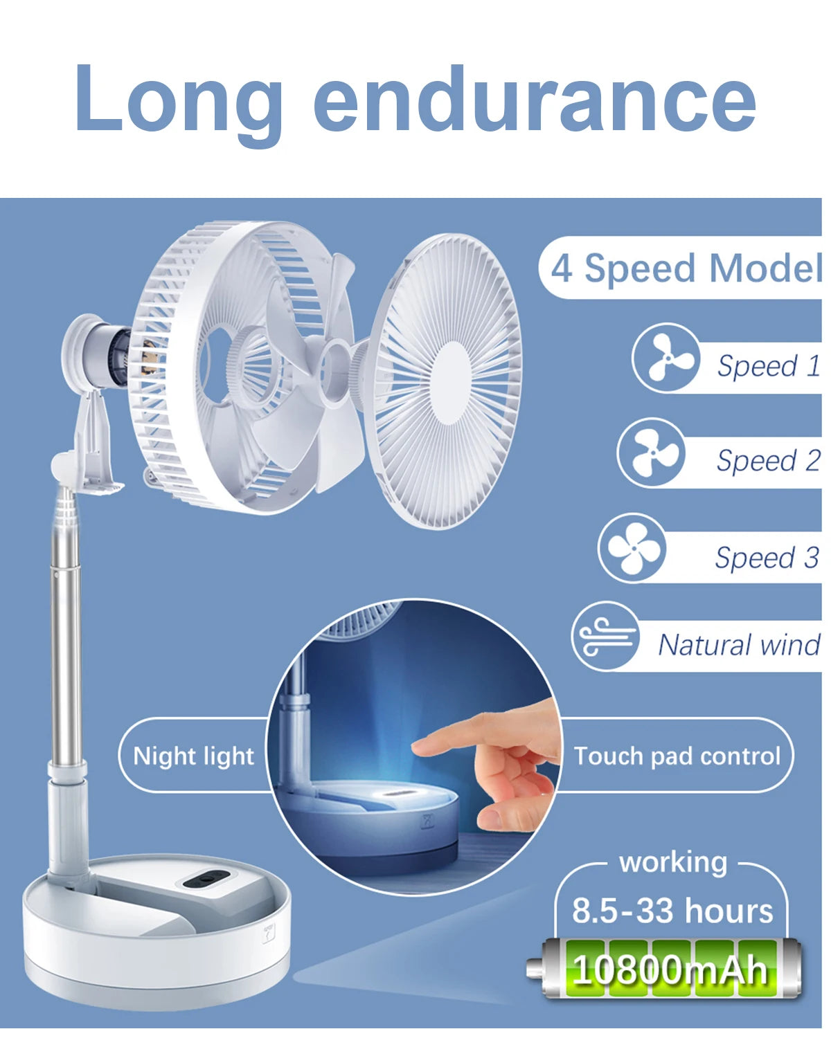 Foldable Fan Foldaway Oscillating with Remote Control, 10800mAh Rechargeable Battery Operated Portable for Camping, 4 Speed,