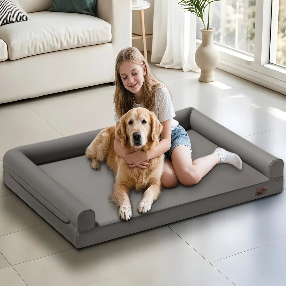 M-XXL Orthopedic Dog Bed Bolster Microfiber Leather Pet Dog Sofa Waterproof Couch Calming Bed with Removable Cover Easy Clean