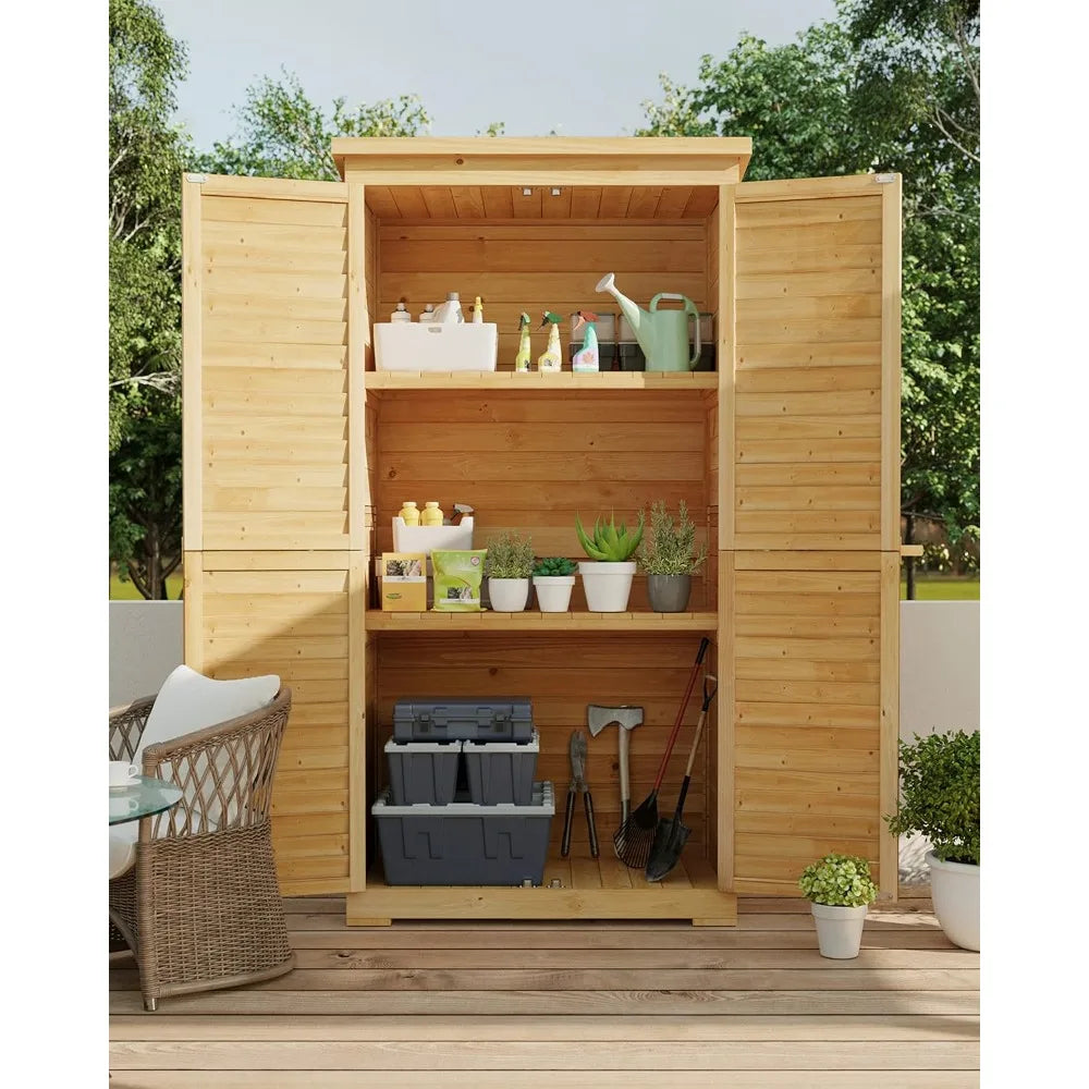 Outdoor Storage Cabinet with 3 Shelves, Double Lockable Wooden Garden Shed with Waterproof Roof, Outside Vertical Tall Tool Shed
