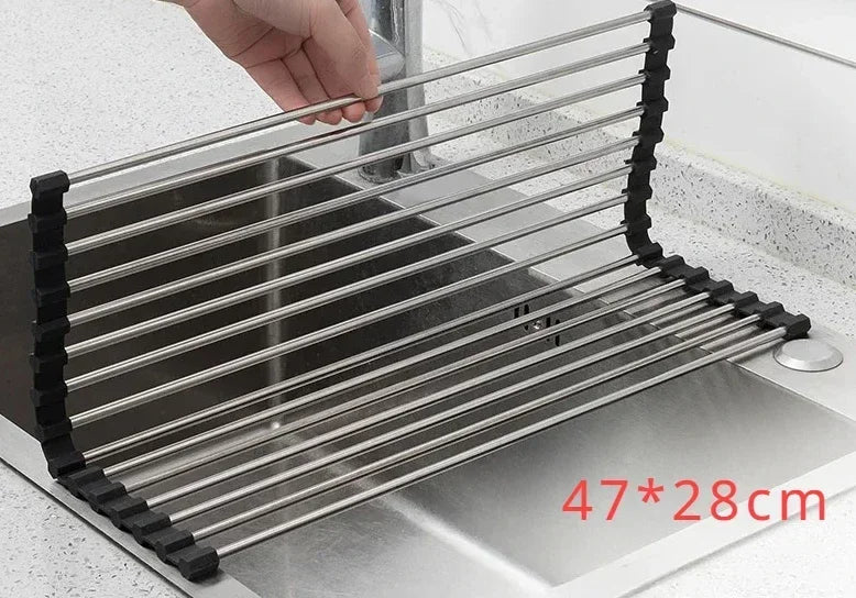 Foldable Kitchen Dish Drying Rack Stainless Steel Bowl Fruit Vegetable Dish Holder Sink Roller Organizer Basket Racks Tool