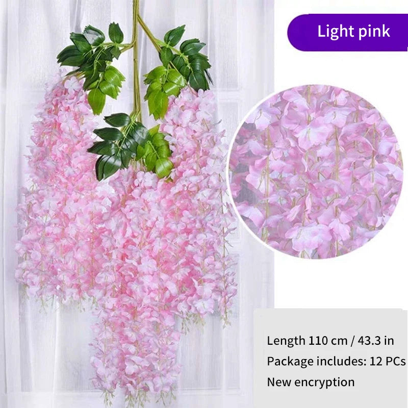 Artificial Wisteria Flower Hanging Garland, Rattan Fake Flower, String Flower, Wedding Party, Garden,  Home Wall Decor, 12PCS