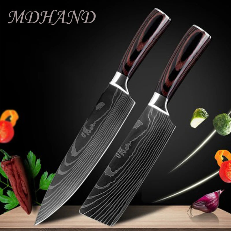 8 " Kitchen Knives Sharp Chef Knife Stainless Steel Laser Damascus Style Cleaver Sushi Knife Slicing Utility Cooking Accessories