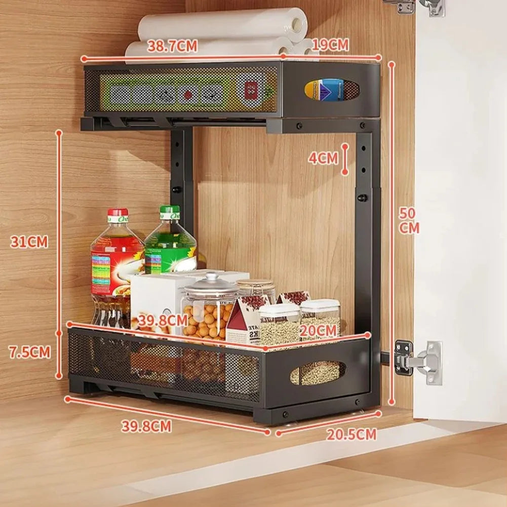 2 Tier Adjustable Height Under Sink Organizer with Sliding Drawer Pull Out Under Cabinet Kitchen Bathroom Organizer and Storage
