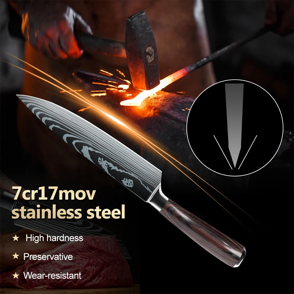 8/10pcs Gift Kitchen Knives Set Laser Damascus Pattern Chef Knife High Carbon Stainless Steel Sharp Fruit Slicing Knife