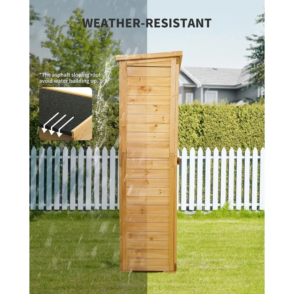 Outdoor Storage Cabinet with 3 Shelves, Double Lockable Wooden Garden Shed with Waterproof Roof, Outside Vertical Tall Tool Shed