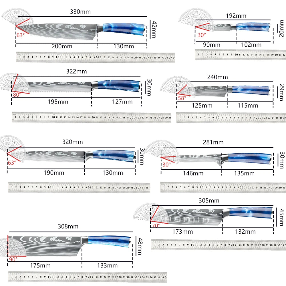 8PCS Chef Knife Kitchen Knives Set Utility Boning Knife Cleaver Meat Fruit Bread Knife Japanese Santoku Knife with Cover