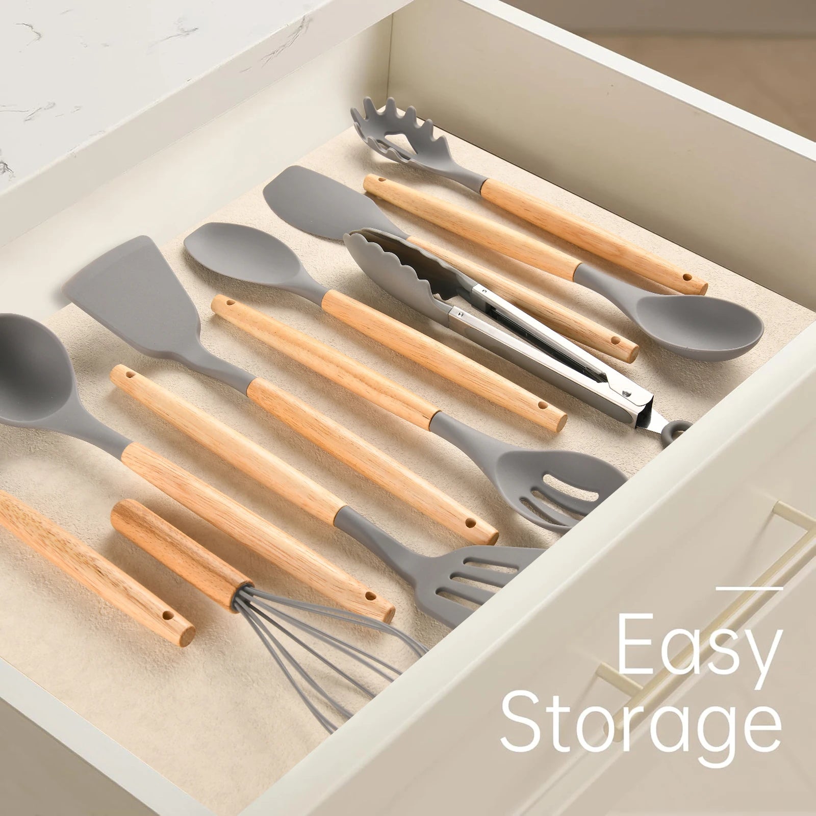12 Pcs Non-Stick Silicon Heat Resistant Wooden Handle Kitchen Cooking Utensils Set, Gray Color