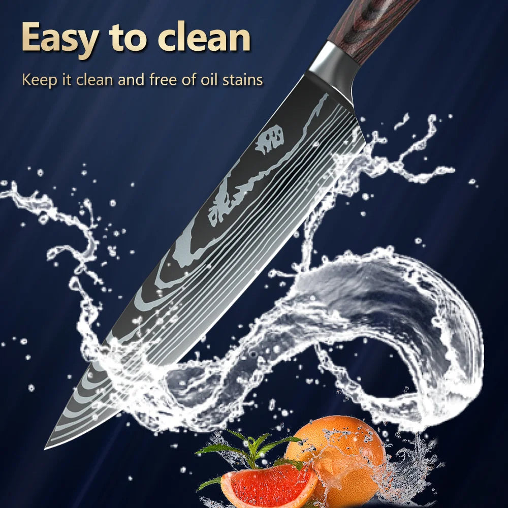 ZENG 5/8pcs/10pcs Kitchen Knives Japanese Stainless Steel Chef Knife Damascus Laser Pattern Slicing Santoku Kitchen Knife Set