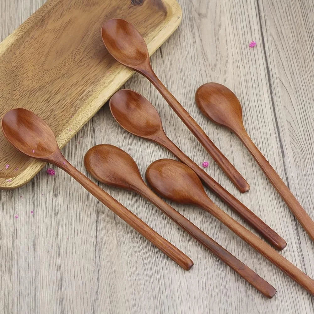 Eco-Friendly Wooden Spoons Set of 6 Long Handle 9 Inch Kitchen Utensils Stirring Mixing Soup Spoons Unique Grain Natural Finish