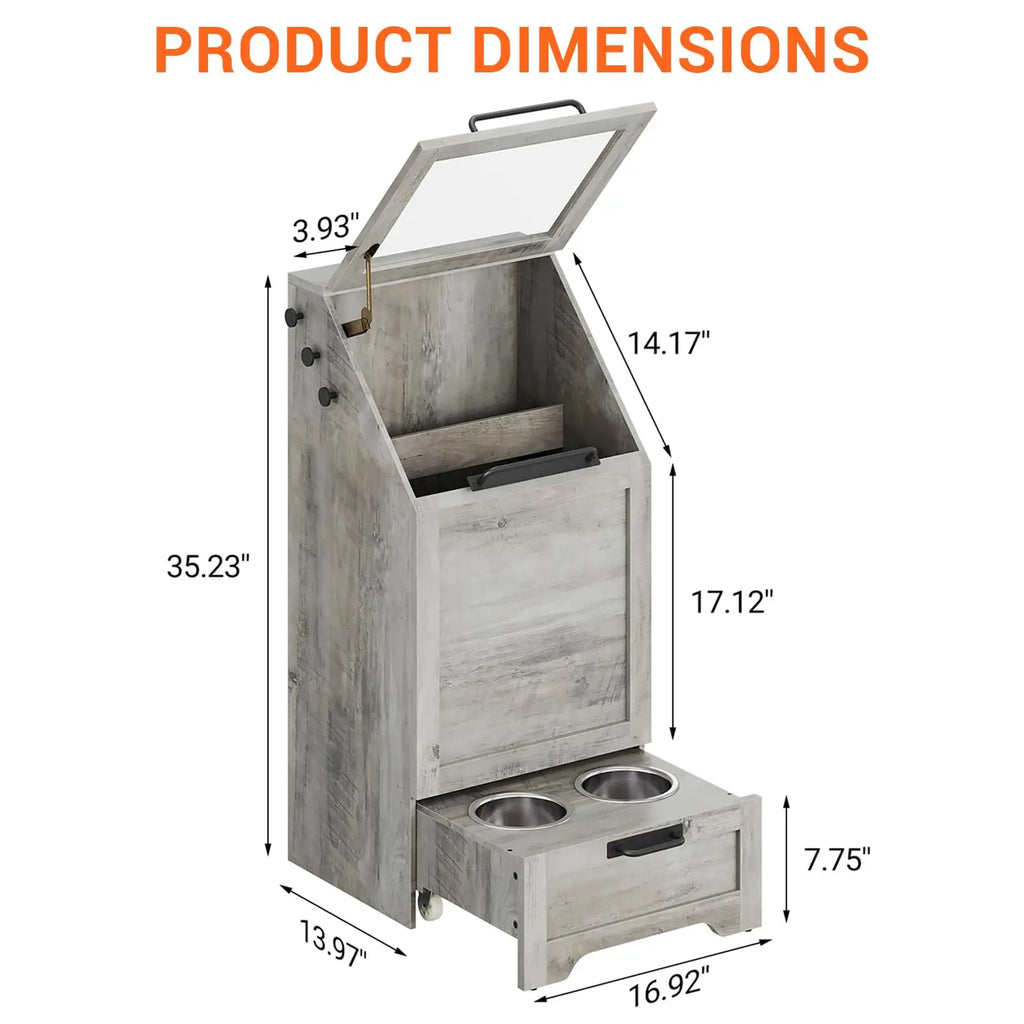 Large Dog Food Storage Cabinet with Flip Top - Pet Feeding Station & Organizer w/Transparent Lid, Side Hooks for Leashes - Multi