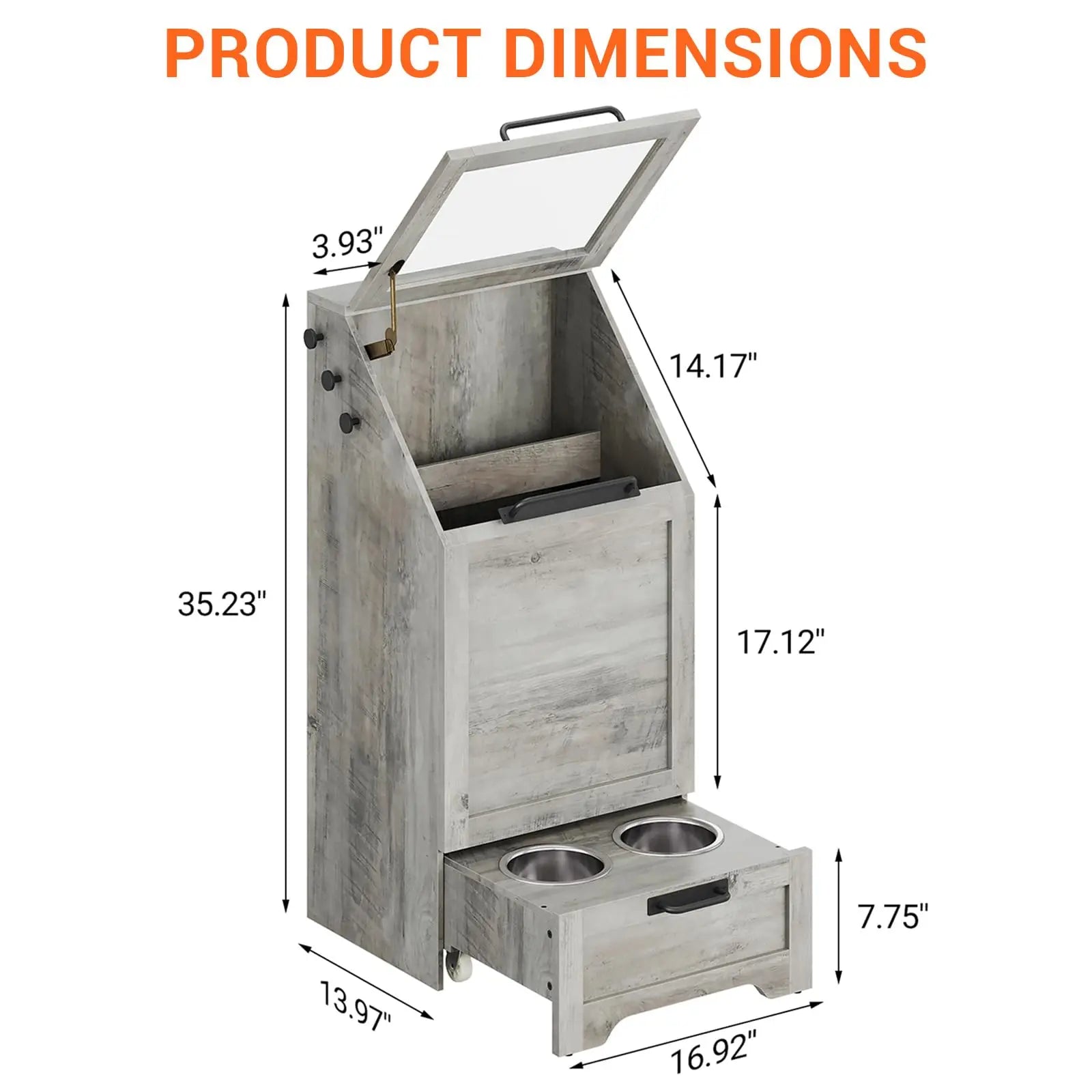 Large Dog Food Storage Cabinet with Flip Top - Pet Feeding Station & Organizer w/Transparent Lid, Side Hooks for Leashes - Multi