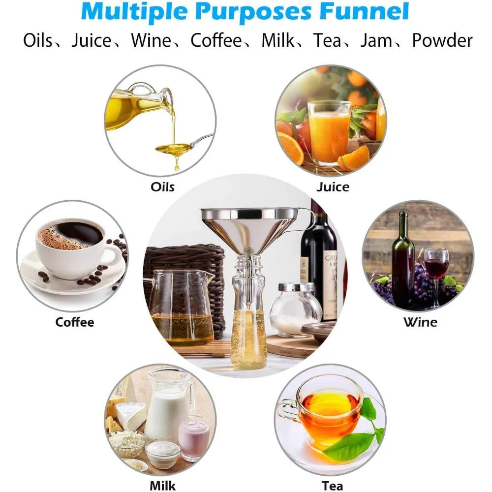 Premium Stainless Steel Funnel, 5 Inch Food Grade Kitchen Funnels with 200 Mesh Food Filter Strainer