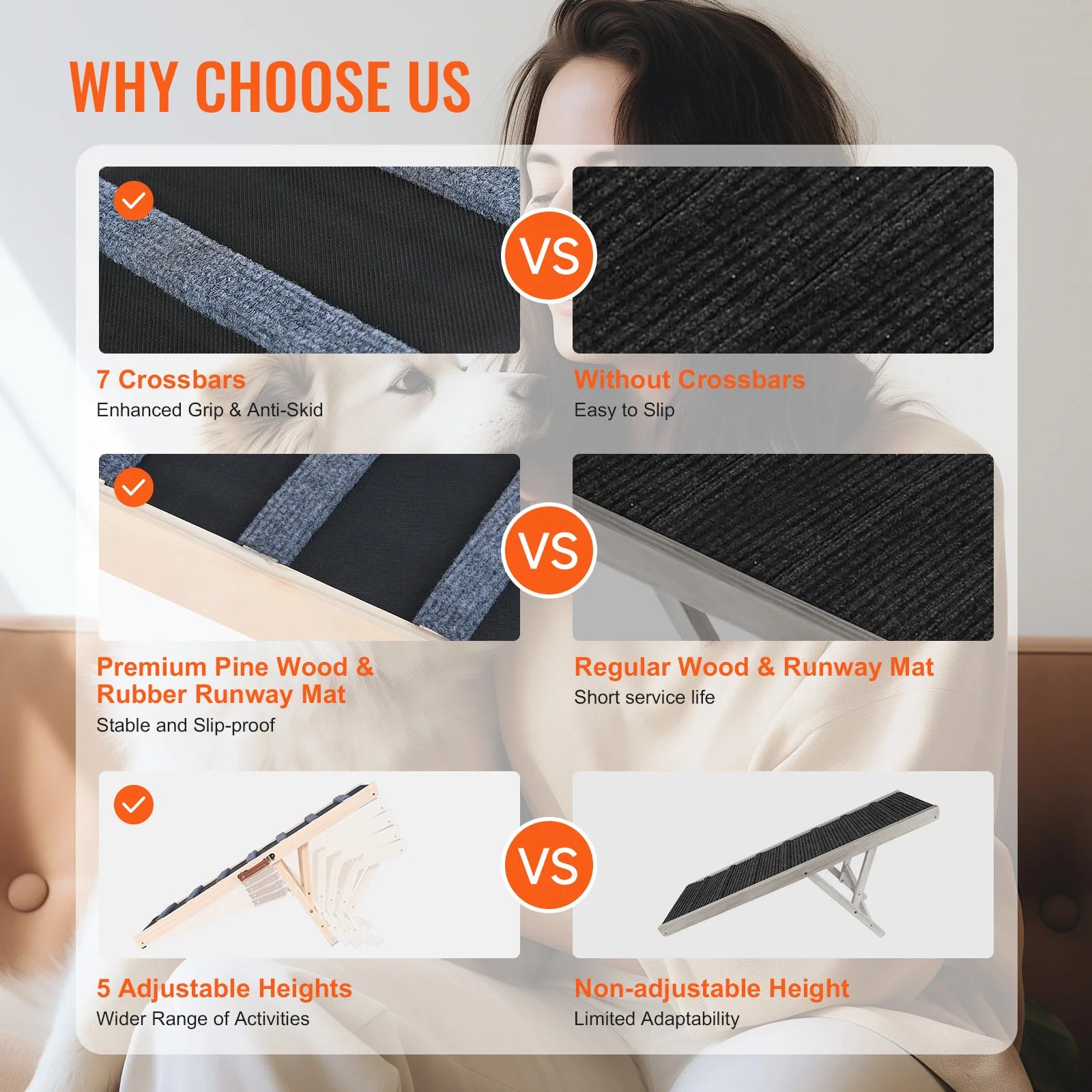 Dog Ramp Folding Ladder Anti-slip High Adjustable Wooden Pet Ramp Removable for Small Old Dog Climb Stairs Sofa Car Bed