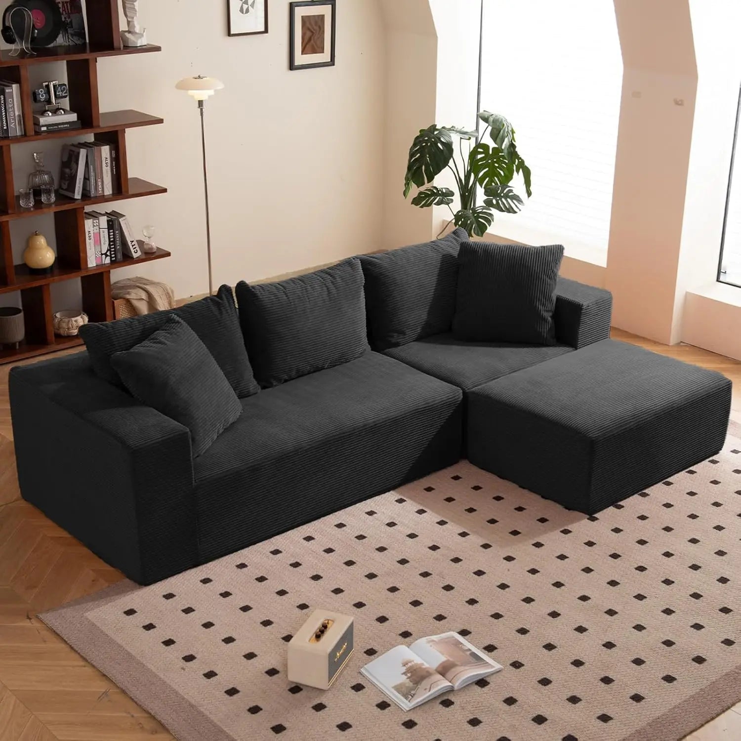 108" L-Shaped Boneless Couch with Deep Seat, Corduroy Cloud Couch, No Assembly Required, Ship in a Box, Modular Sectional Sofa