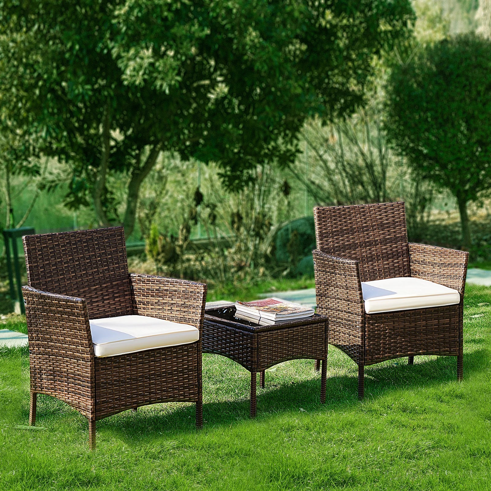 Outdoor Patio Furniture Set 3 Pieces with Soft Cushion and Glass Table Manual Weaving Wicker Rattan Patio Chairs For Garden
