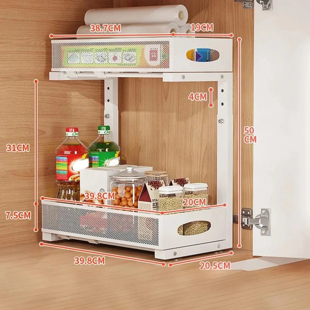 2 Tier Adjustable Height Under Sink Organizer with Sliding Drawer Pull Out Under Cabinet Kitchen Bathroom Organizer and Storage