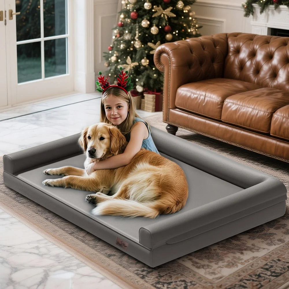M-XXL Orthopedic Dog Bed Bolster Microfiber Leather Pet Dog Sofa Waterproof Couch Calming Bed with Removable Cover Easy Clean