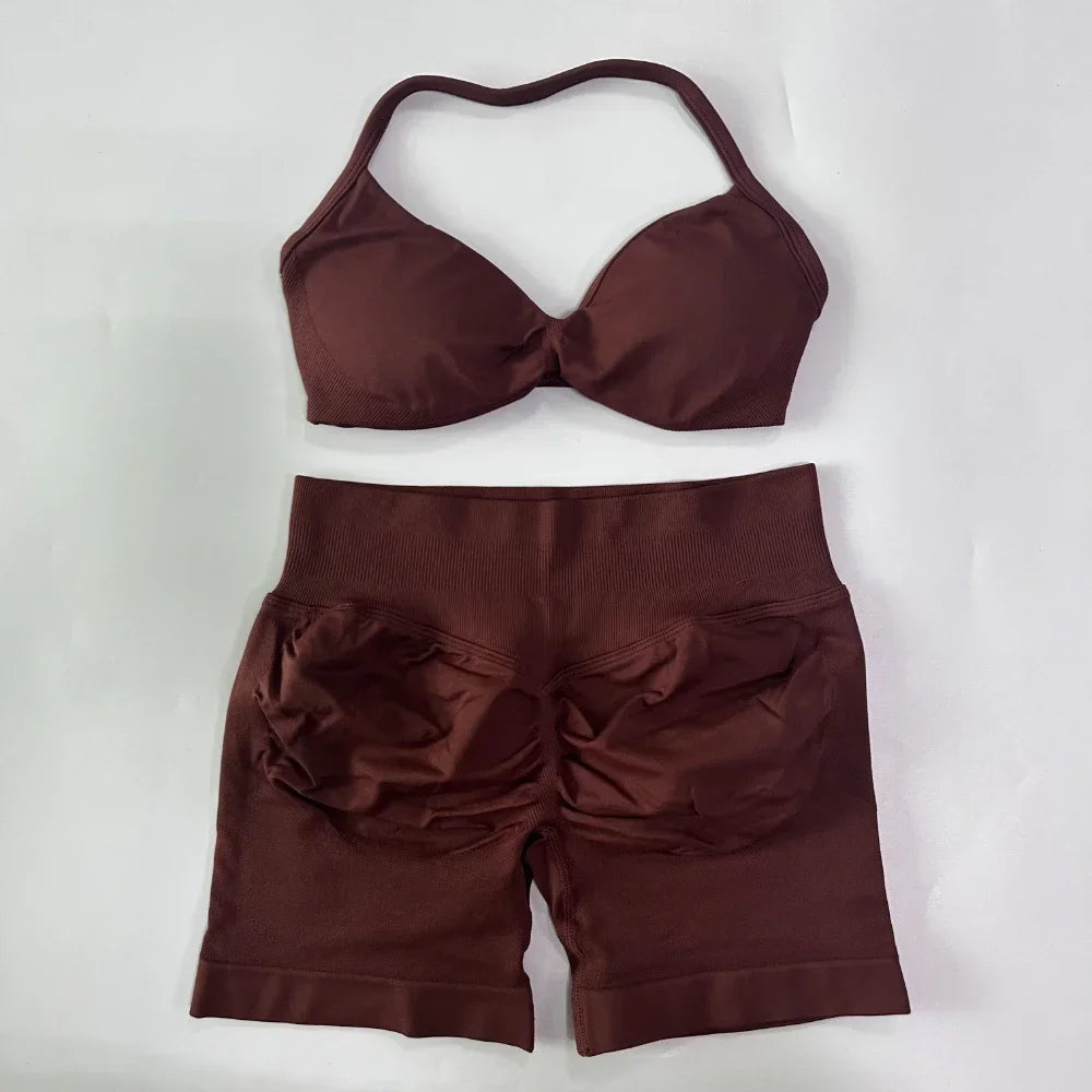 2PCS Gym Set Women Strappy Yoga Bra Top High Waist Workout Scrunch Shorts Sports Suit Seamless Yoga Set Fitness Clothes