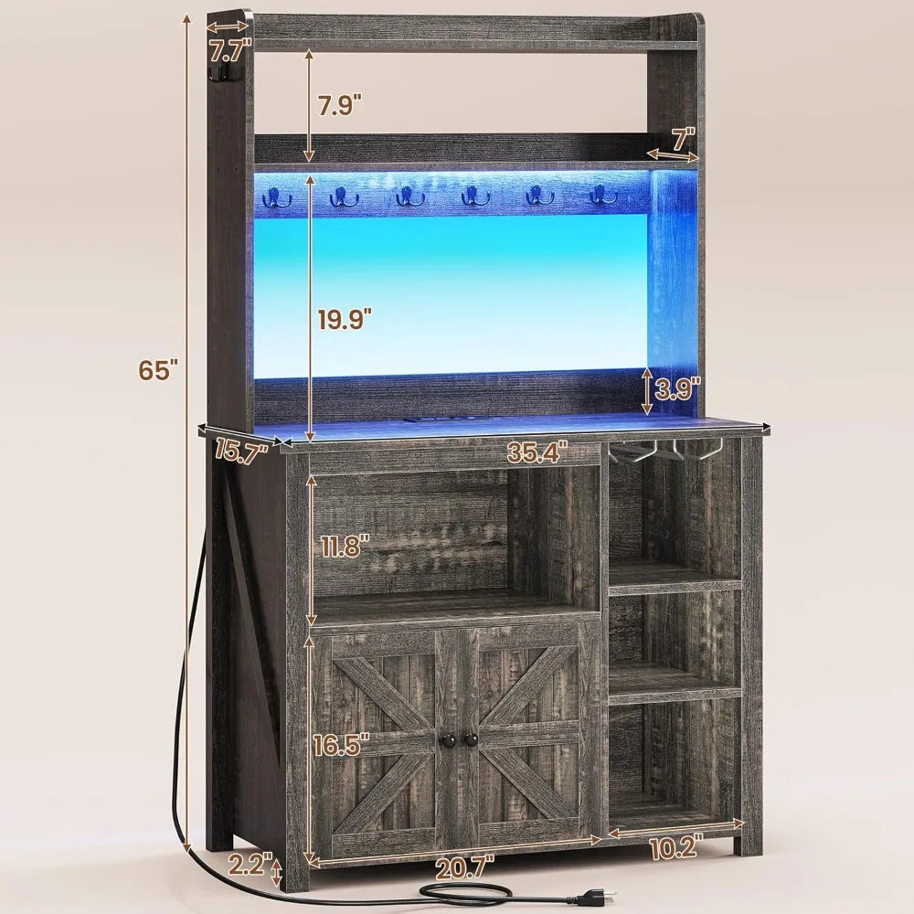 Coffee Bar Cabinet, Bakers Rack with Power Outlet and Storage, Farmhouse Microwave Stand Kitchen Cabinet with Hutch, LED Lights