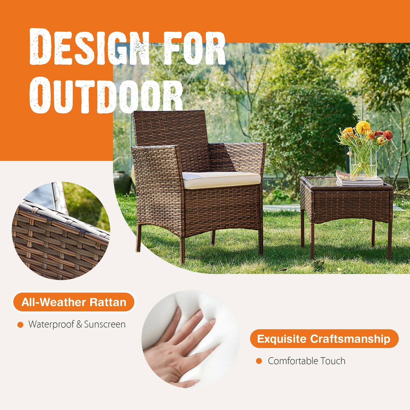 Outdoor Patio Furniture Set 3 Pieces with Soft Cushion and Glass Table Manual Weaving Wicker Rattan Patio Chairs For Garden