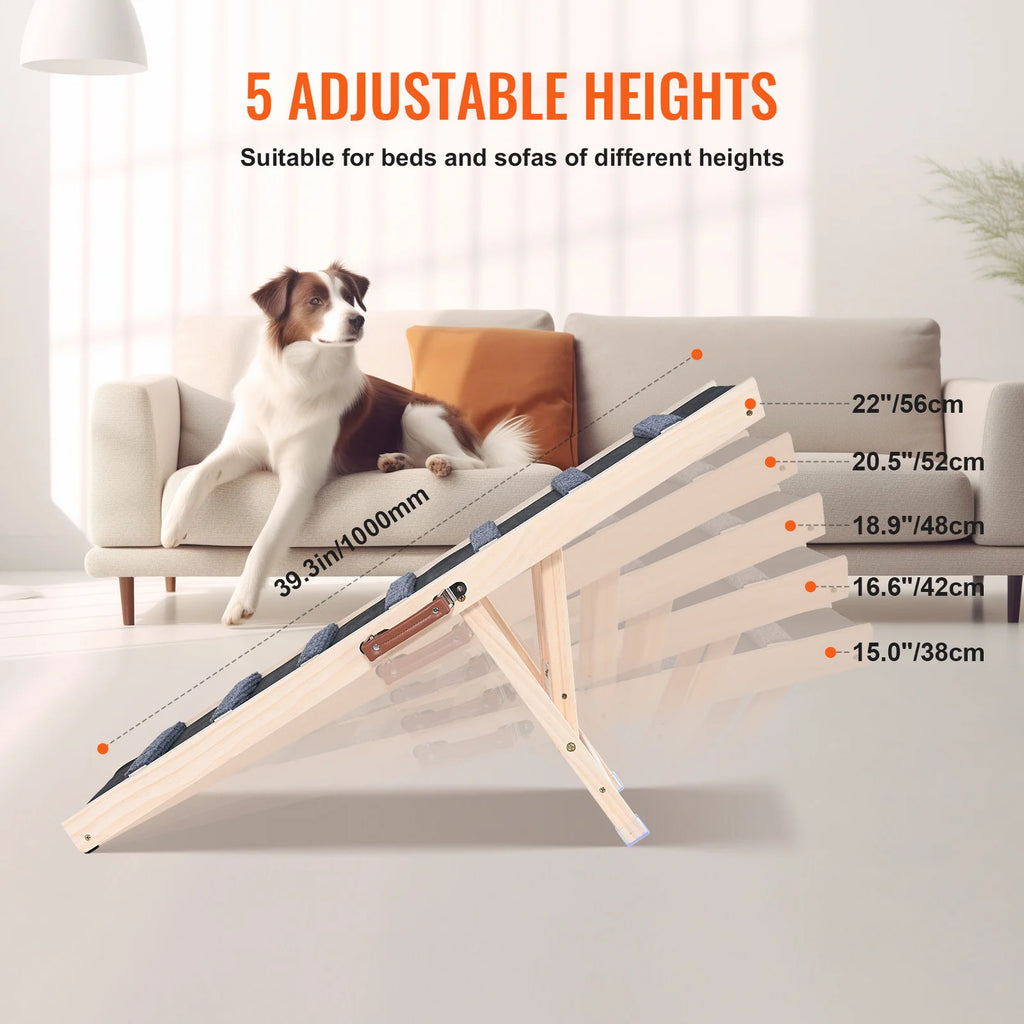 Dog Ramp Folding Ladder Anti-slip High Adjustable Wooden Pet Ramp Removable for Small Old Dog Climb Stairs Sofa Car Bed
