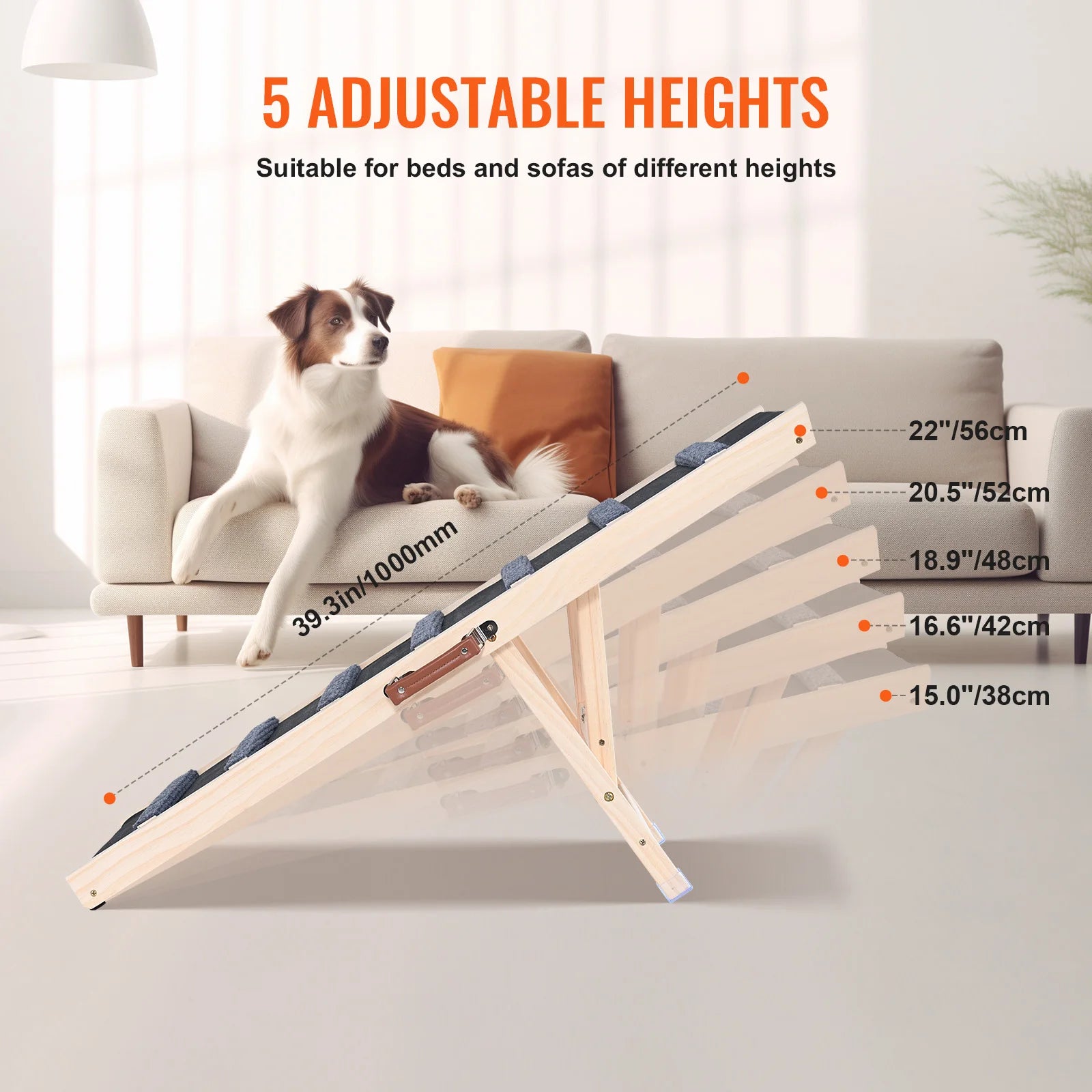 Dog Ramp Folding Ladder Anti-slip High Adjustable Wooden Pet Ramp Removable for Small Old Dog Climb Stairs Sofa Car Bed