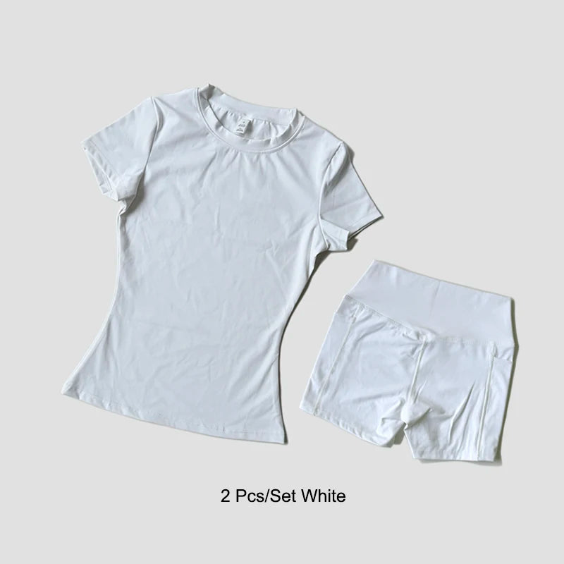 Women's Sports Yoga Set Seamless Knitted Fitness Gym Clothes Sportswear Short Sleeve Crop Top Tracksuits Gym Short Leggings