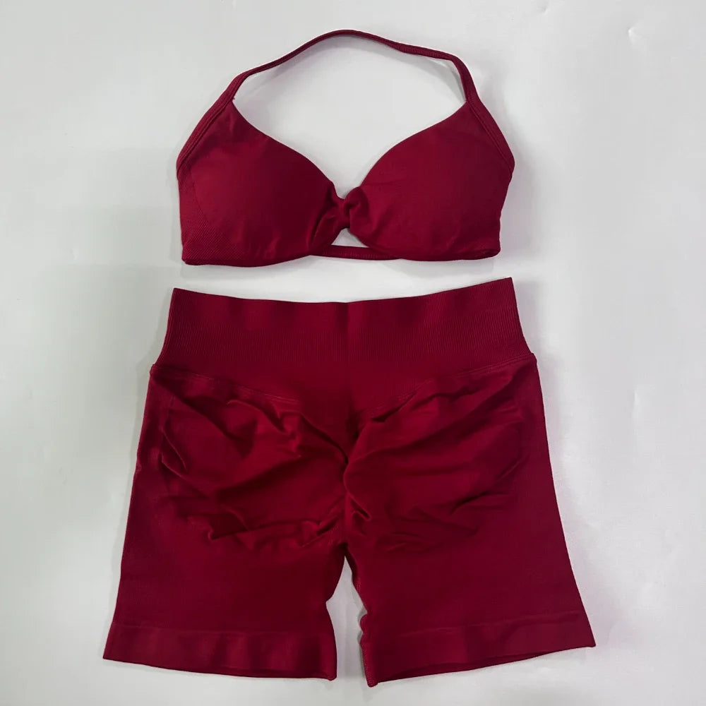 2PCS Gym Set Women Strappy Yoga Bra Top High Waist Workout Scrunch Shorts Sports Suit Seamless Yoga Set Fitness Clothes