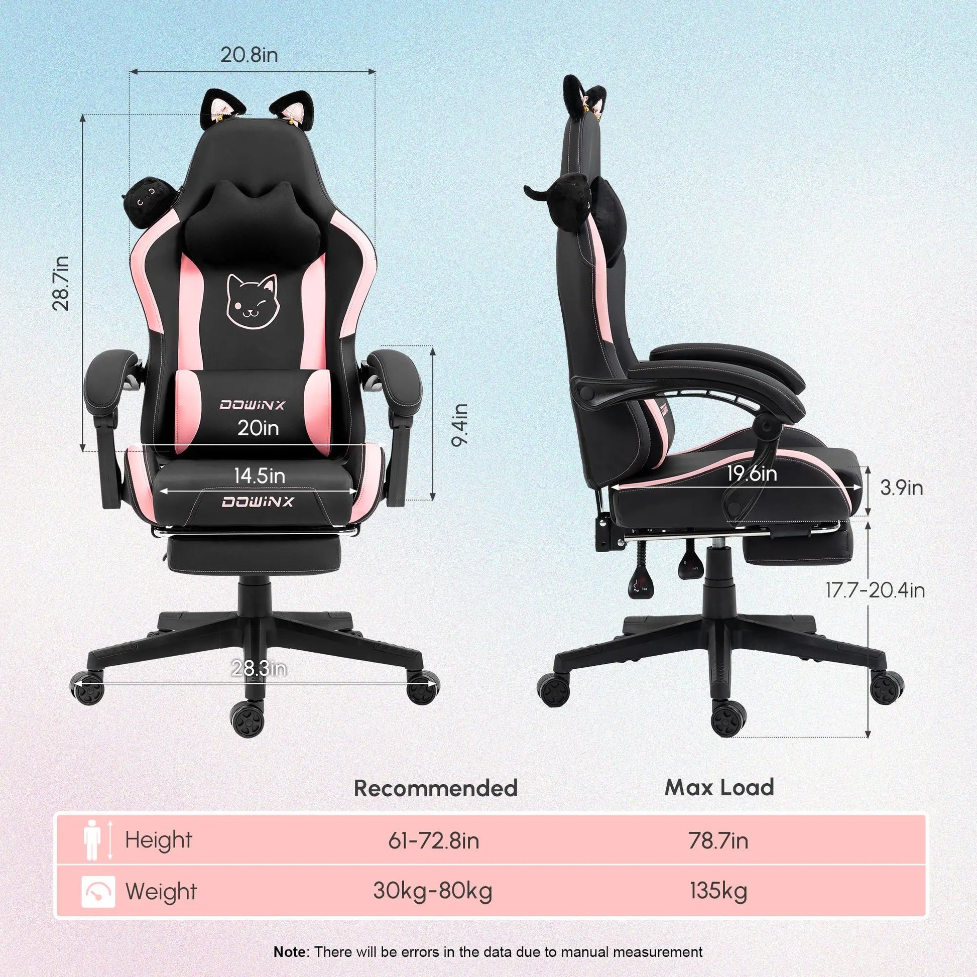 Gaming Chair Cute with Cat Ears and Massage Lumbar Support, Ergonomic Computer Chair for Girl with Footrest and Headrest