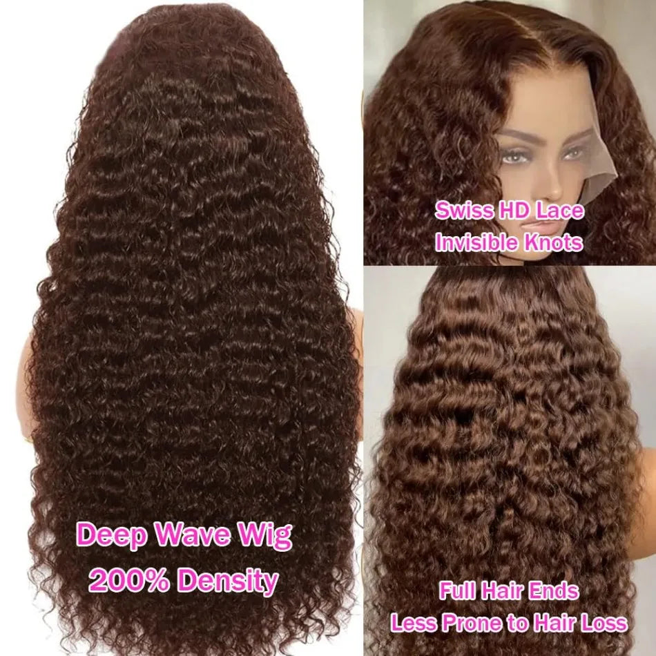 Chocolate Brown Deep Wave Lace Front Wigs Human Hair 13x6 HD Lace Frontal Wigs Curly Human Hair Wig Natural Hairline Brown Color
