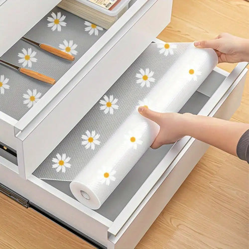 1 Roll 300cm/118inch Waterproof Non-Slip Plastic Shelf Liner Roll,Multipurpose Cabinet Drawer Mat Liner for Kitchen Daisy Design