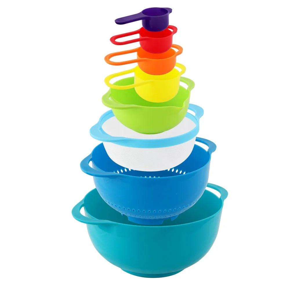 Multifunctional Plastic Mixing Bowl Set Colander Sifter Measuring Cup Non-Slip Stackable Kitchen Tools Baking Prep Utensils 8