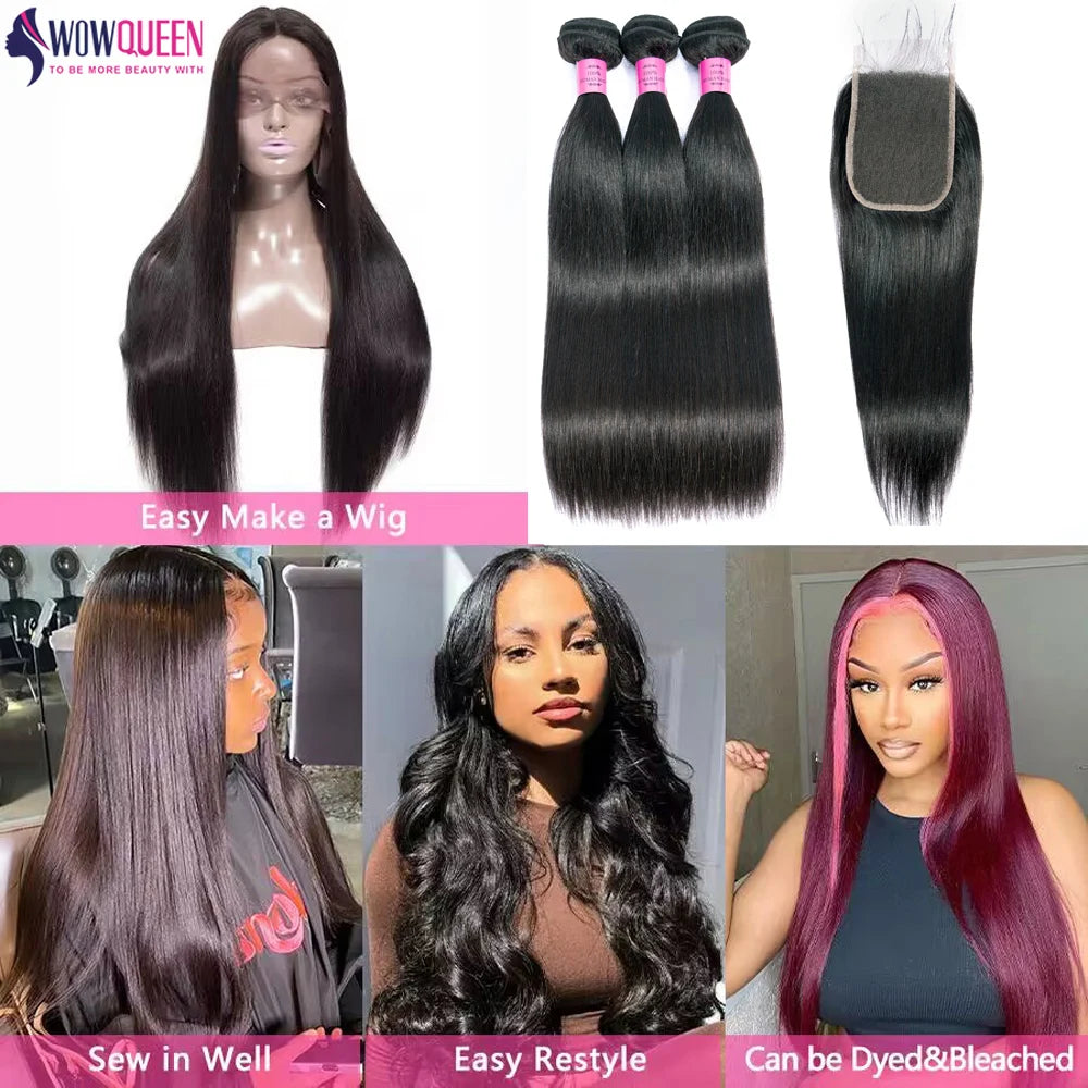 Straight Human Hair Bundles with Closure 2x6 4x4 Raw Brazilian Hair Extensions Weave 3 4 Bundles with 13x4 Transparent Frontal