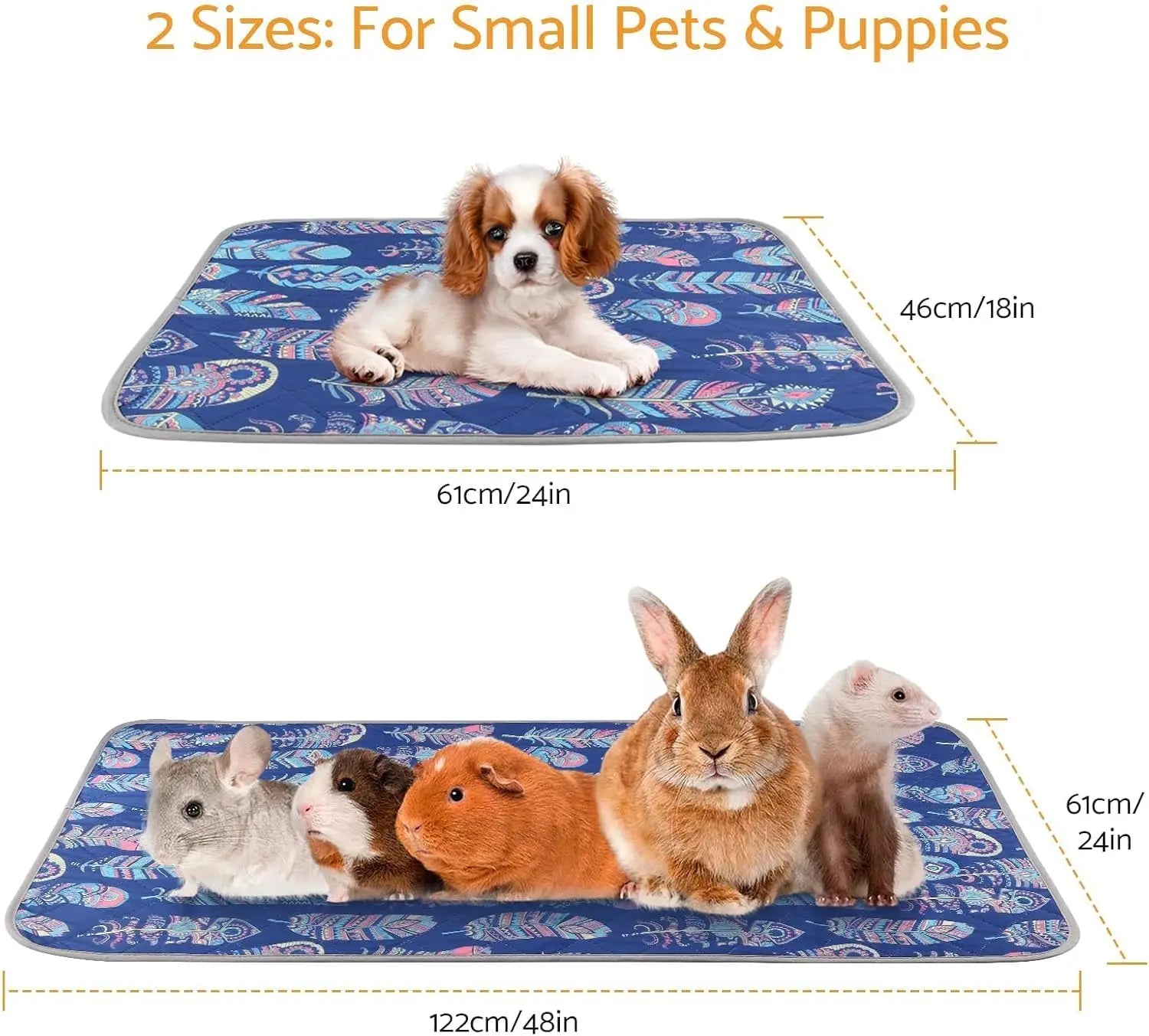 Quick Absorbing Anti-Slip Odor-Resistant Small Pet Cage Liner 48*24in 4pc Washable Reusable Pee Pad - Protects Floors/Carpets