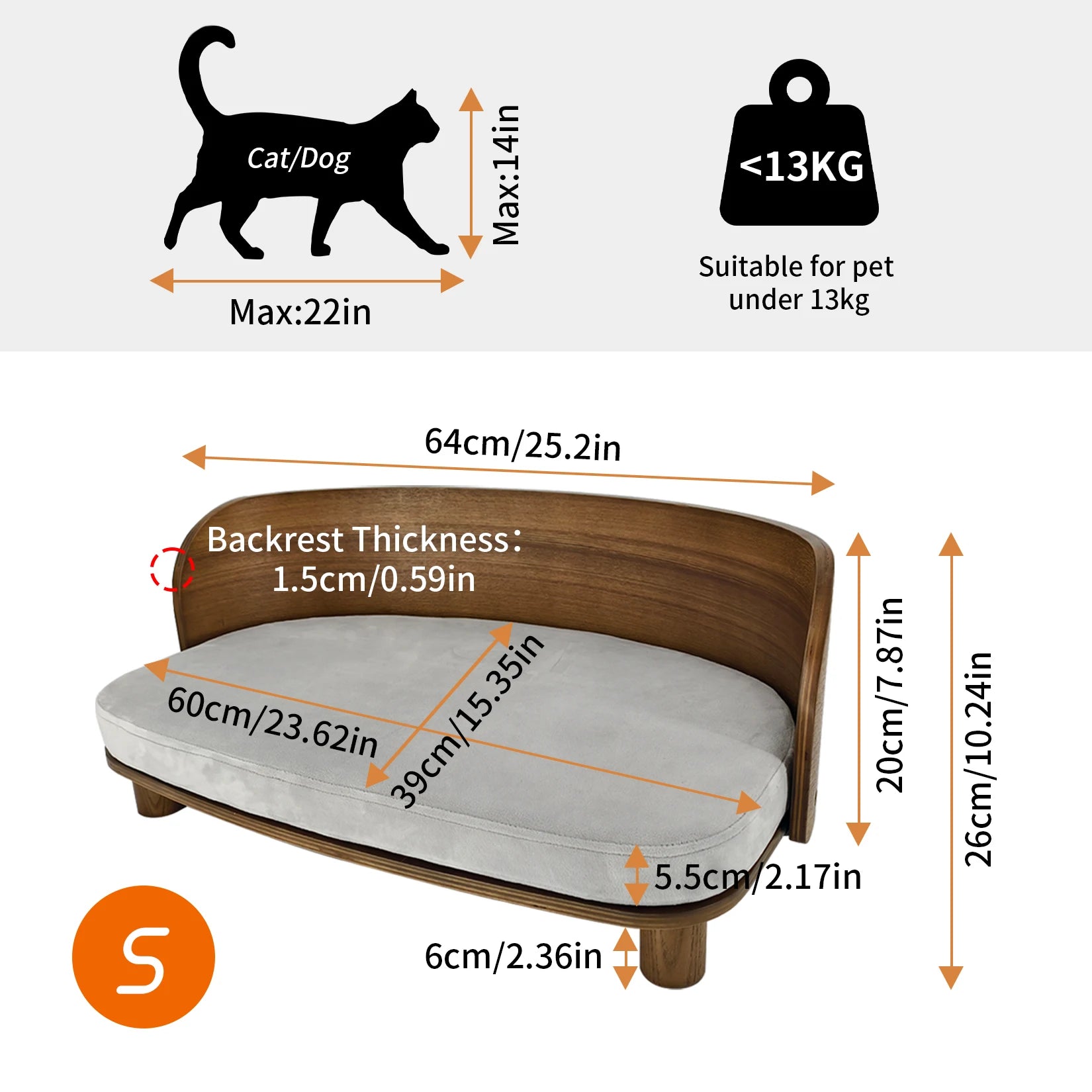 S/M Elevated Cat Bed Wooden Indoor Cat Couch Bed, Pet Sofa Chair Lounge for Kitty, Puppy or Small Animal