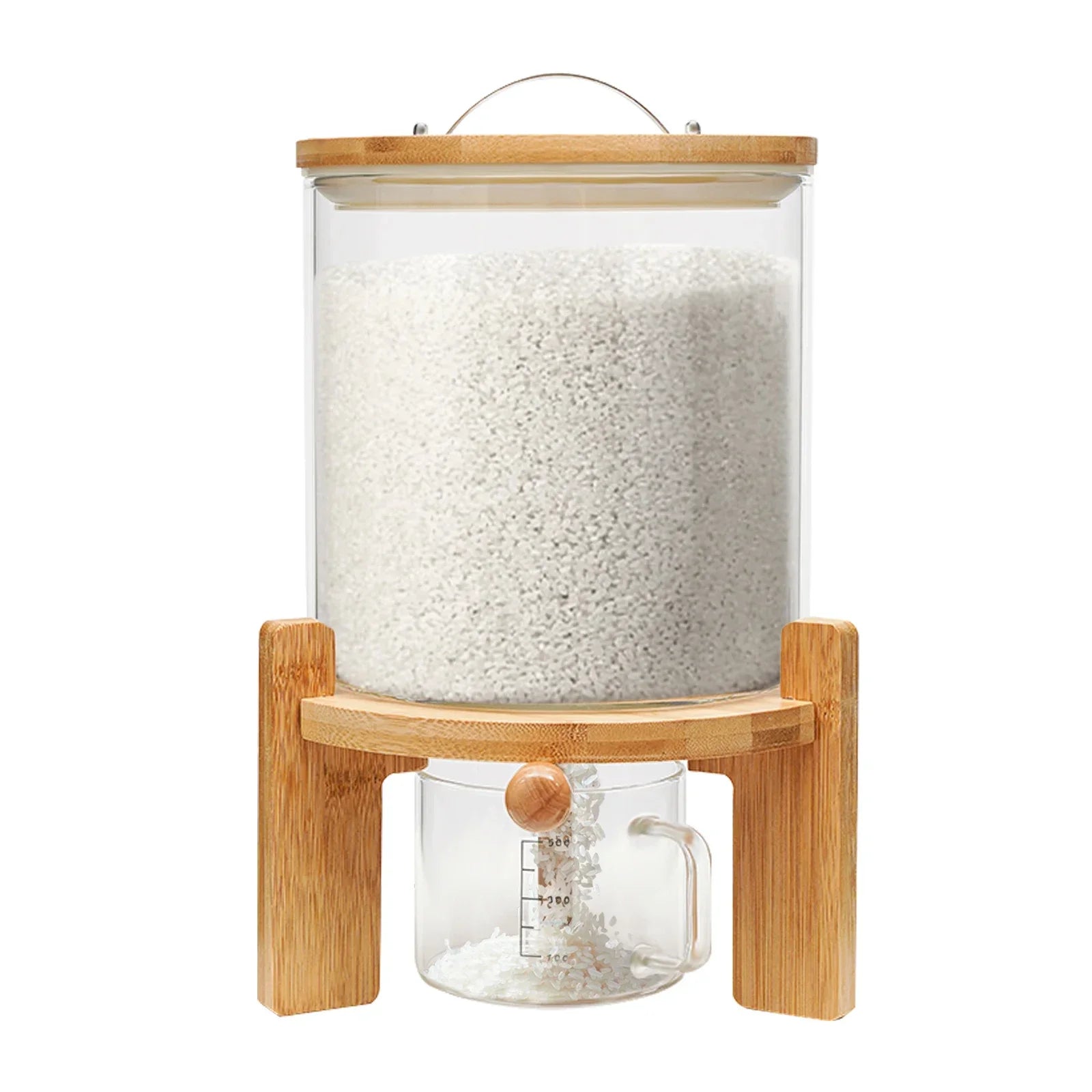 Rice Dispenser 5L Glass Food Storge Container for Kitchen Pantry Store, with Airtight Lid, Measuring Cup and Wooden Stand