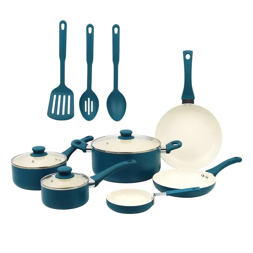 12-Piece Corsair Blue Nonstick Aluminum Cookware Set Home Kitchen Utensil Collection