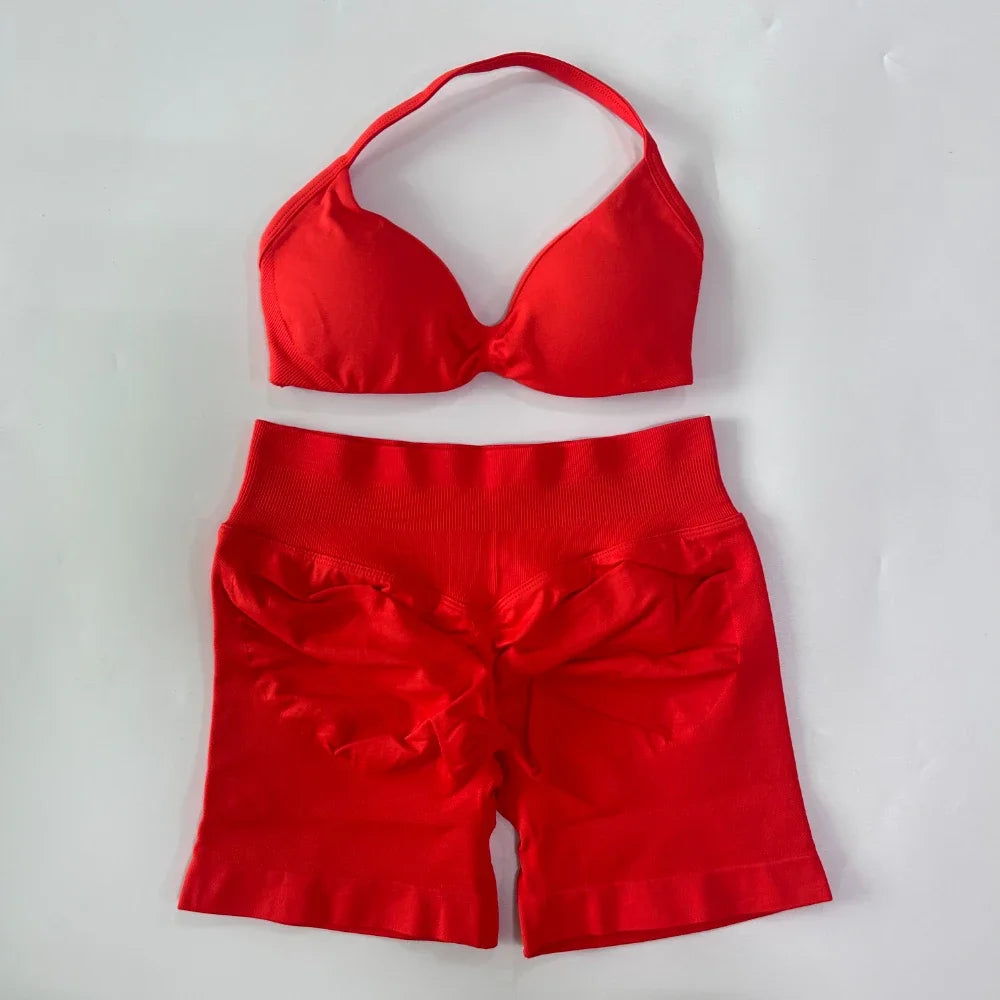 2PCS Gym Set Women Strappy Yoga Bra Top High Waist Workout Scrunch Shorts Sports Suit Seamless Yoga Set Fitness Clothes