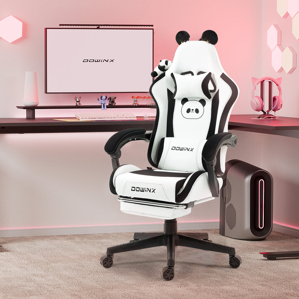 Gaming Chair Cute with Cat Ears and Massage Lumbar Support, Ergonomic Computer Chair for Girl with Footrest and Headrest