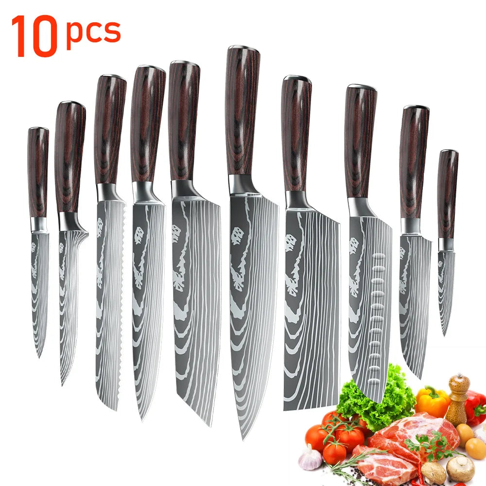 ZENG 5/8pcs/10pcs Kitchen Knives Japanese Stainless Steel Chef Knife Damascus Laser Pattern Slicing Santoku Kitchen Knife Set