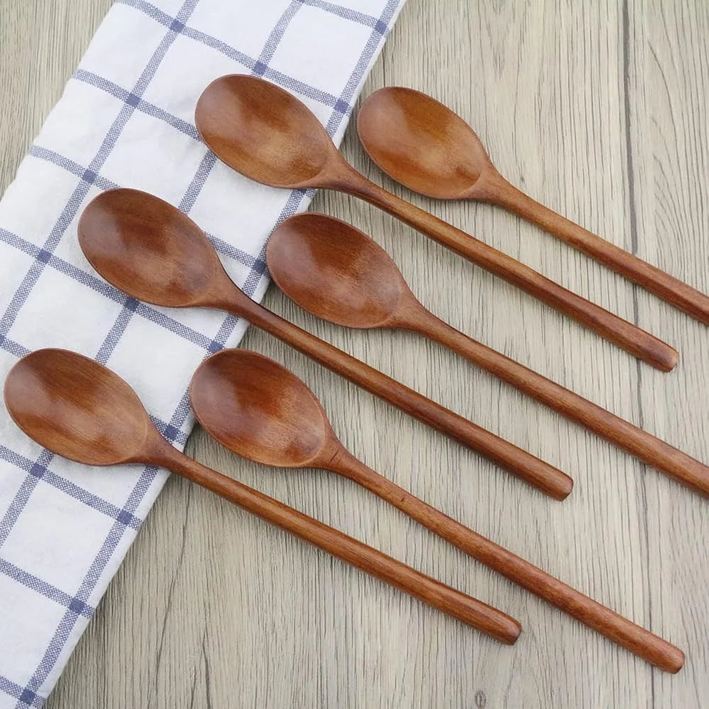 Eco-Friendly Wooden Spoons Set of 6 Long Handle 9 Inch Kitchen Utensils Stirring Mixing Soup Spoons Unique Grain Natural Finish