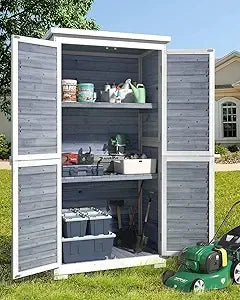 Outdoor Storage Cabinet with 3 Shelves, Double Lockable Wooden Garden Shed with Waterproof Roof, Outside Vertical Tall Tool Shed