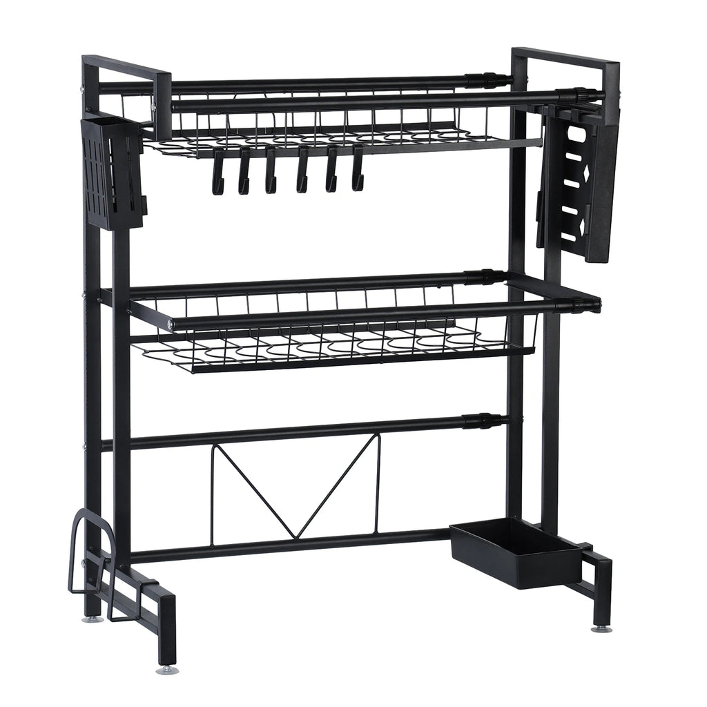 2 Tier Kitchen Storage Shelf Above Sink Stretchable Bowl Draining Rack Multifunctional Dish Knife Spoon Sink Rack Set Organizer