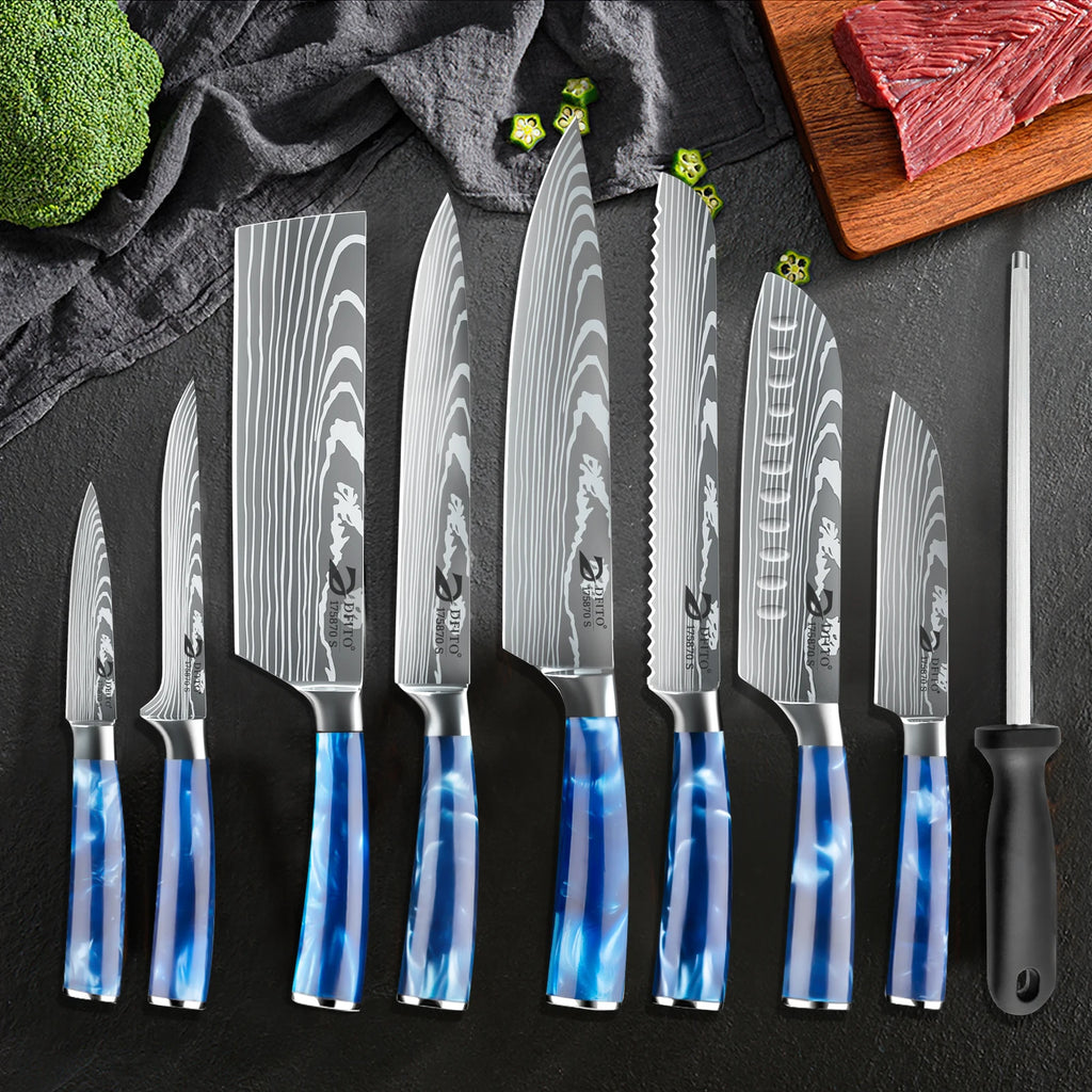8PCS Chef Knife Kitchen Knives Set Utility Boning Knife Cleaver Meat Fruit Bread Knife Japanese Santoku Knife with Cover