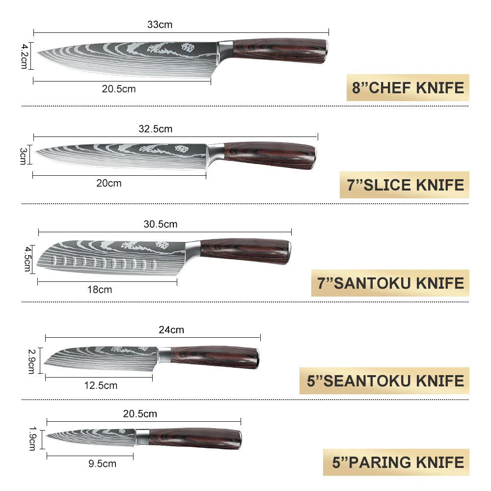 ZENG 5/8pcs/10pcs Kitchen Knives Japanese Stainless Steel Chef Knife Damascus Laser Pattern Slicing Santoku Kitchen Knife Set