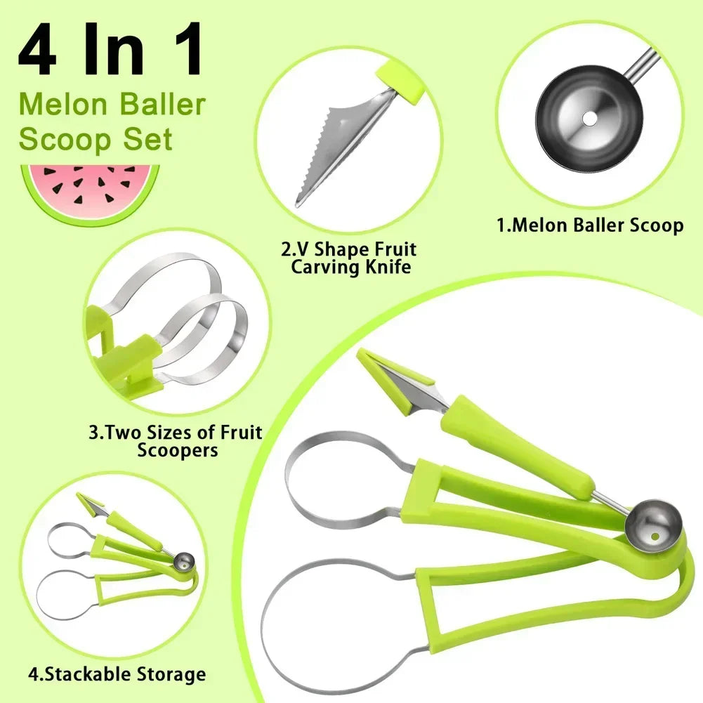 Melon Baller Scoop Set 4 in 1 Fruit Cutters Shapes Watermelon Scooper Fruit Scooper and Baller Fruit Carving Kitchen AccessoriesCurving