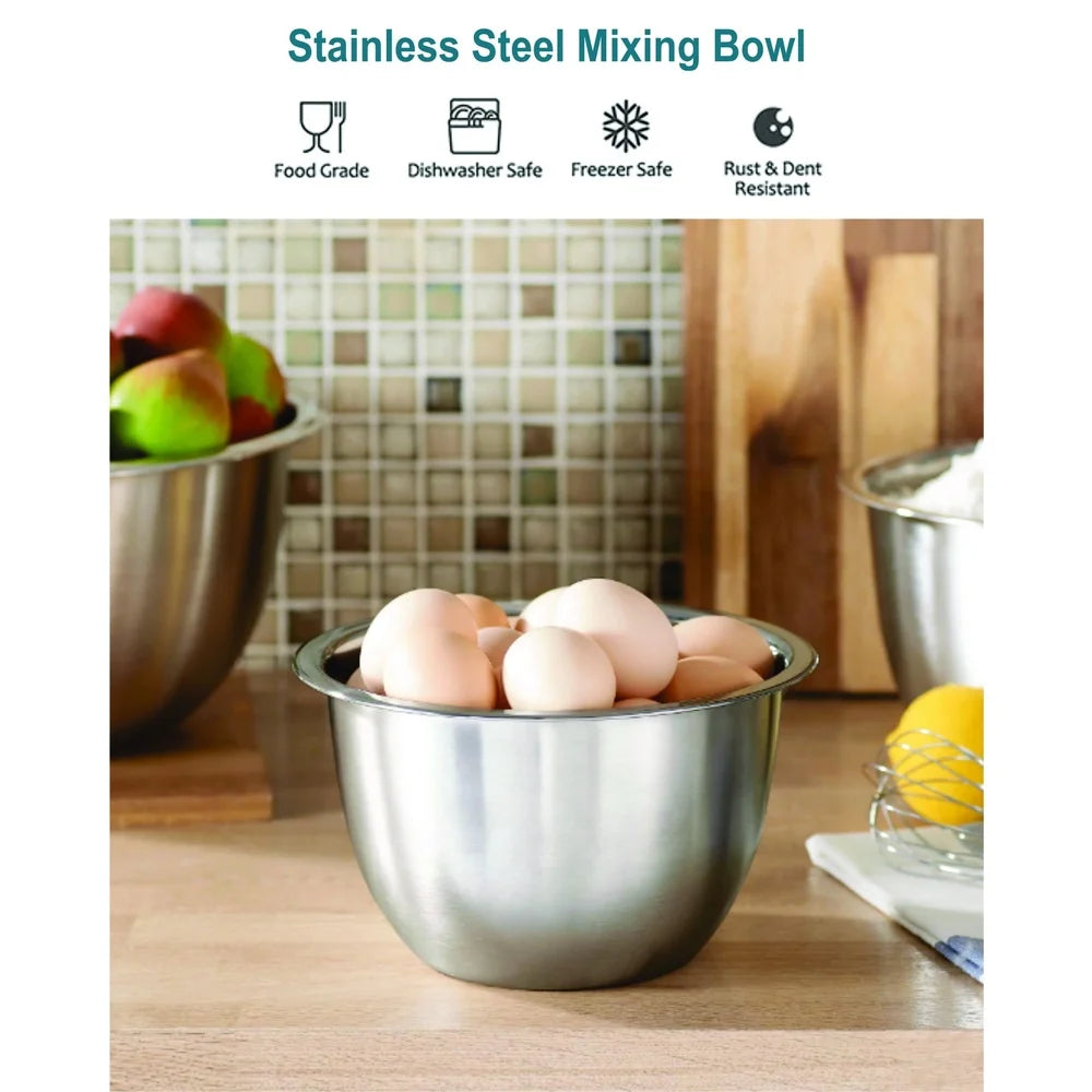 3QT Stainless Steel Mixing Bowl Durable Kitchen Prep Serving Storage Easy Clean Non-Stick Dishwasher Safe Wide Rolled Rim Flat