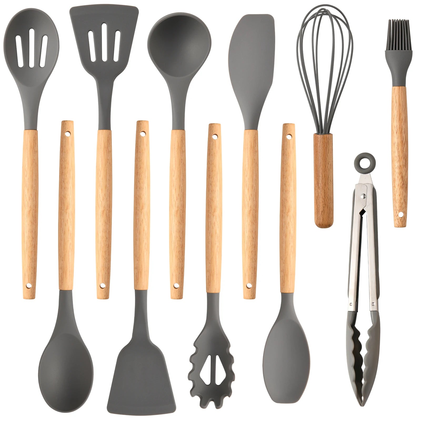 12 Pcs Non-Stick Silicon Heat Resistant Wooden Handle Kitchen Cooking Utensils Set, Gray Color