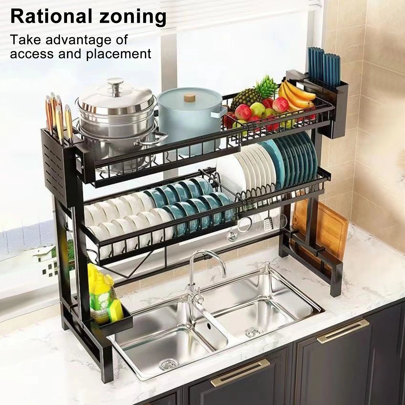 2 Tier Kitchen Storage Shelf Above Sink Stretchable Bowl Draining Rack Multifunctional Dish Knife Spoon Sink Rack Set Organizer