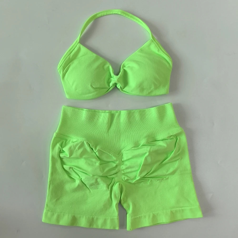 2PCS Gym Set Women Strappy Yoga Bra Top High Waist Workout Scrunch Shorts Sports Suit Seamless Yoga Set Fitness Clothes